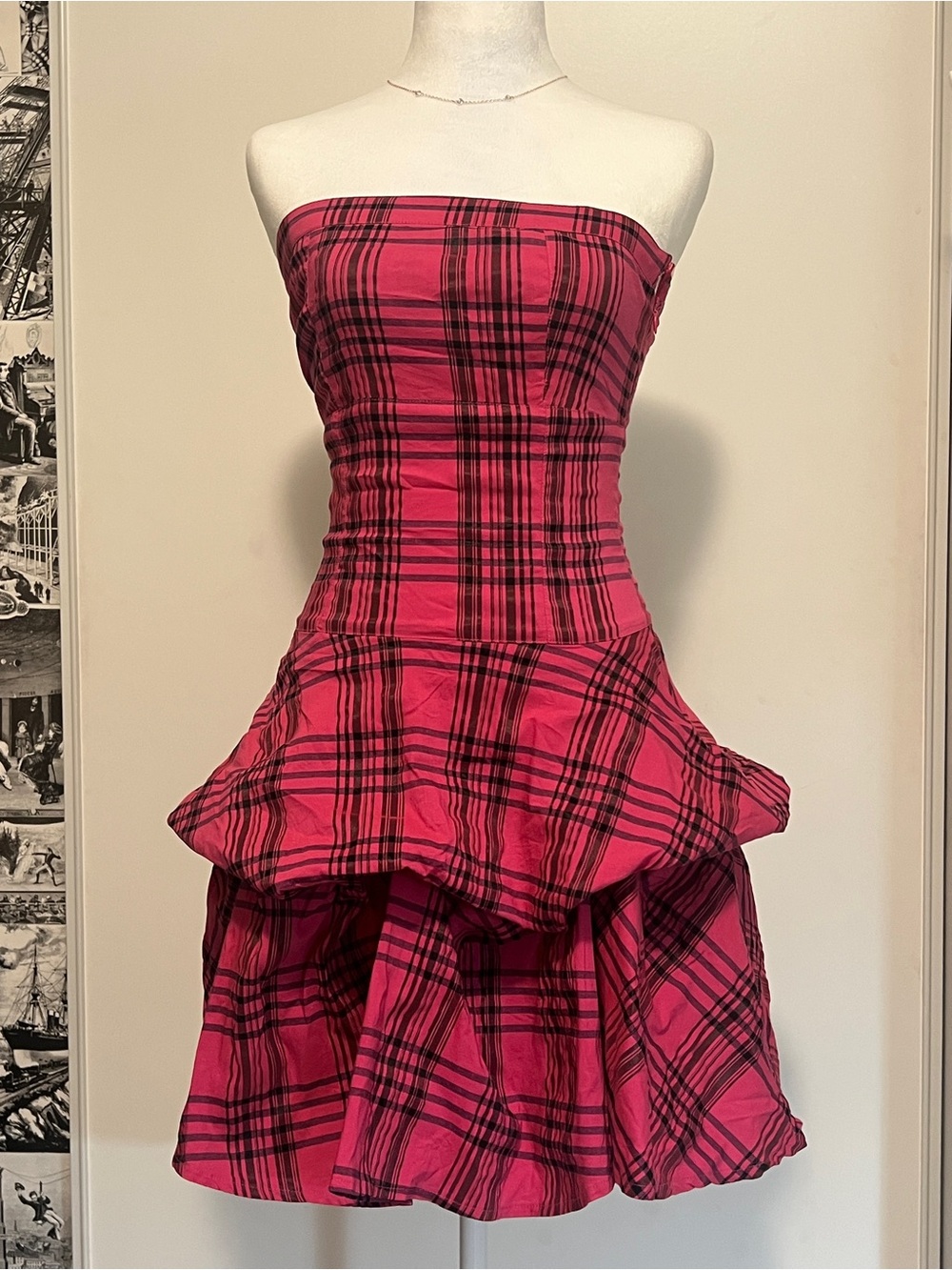 🖤Le Chateau Hot Pink Plaid Strapless Tiered Bubble Skirt Dress XS